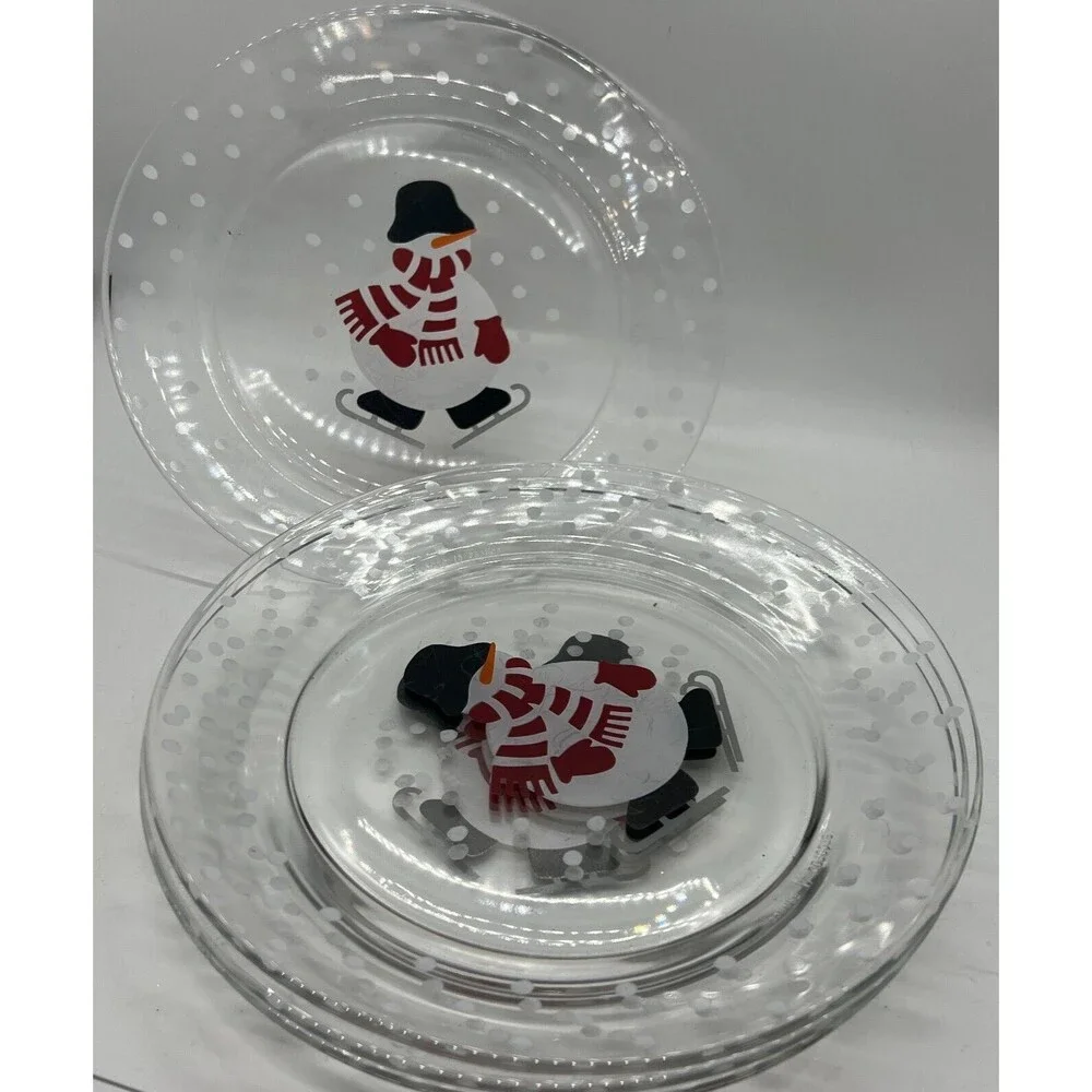 Set 4 Crate & Barrel Skating Snowmen Dessert Salad Plate Glass Holiday Christmas